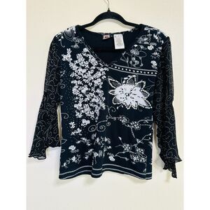 Forbidden Black/White Floral Cotton Top Mixed Media Opaque Angel Sleeves SZ S